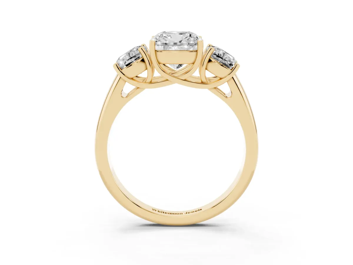 Three-Stone Cushion Cut Diamond Engagement Ring with Prong Setting Yellow gold