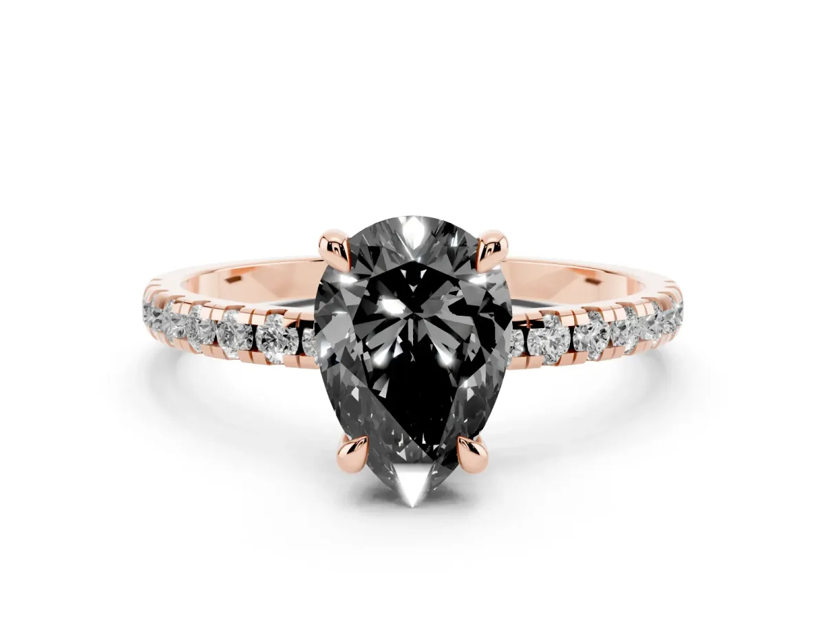 Fancy Black Pear Cut Diamond Brilliant Solitaire Ring with Pavé Band and Four-Prong Setting Rose gold