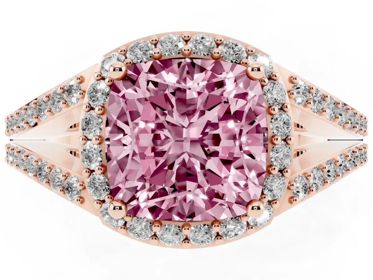 Fancy Pink Cushion Cut Halo Split Shank Diamond Ring with Prong Setting Rose gold