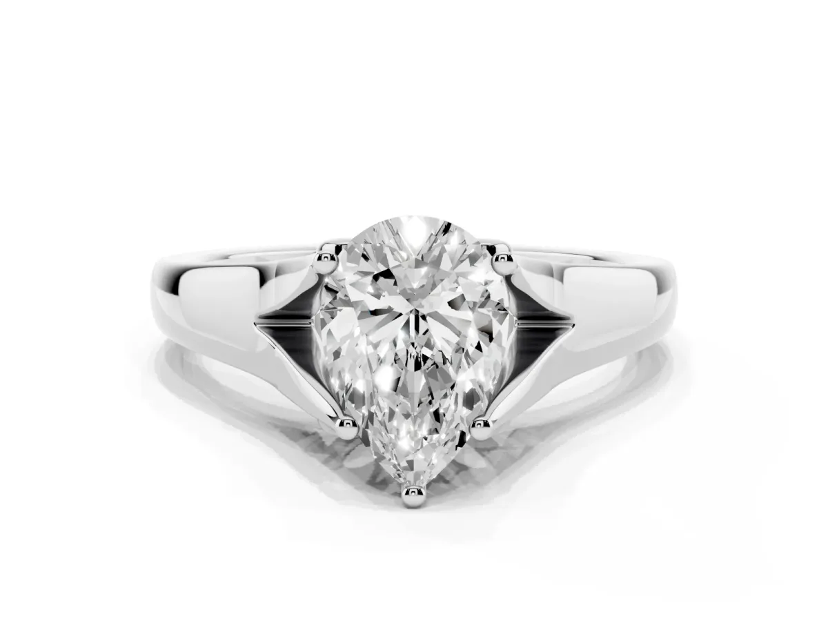 Pear Cut Solitaire Diamond Ring with Cathedral Band and Four-Prong Setting Platinum