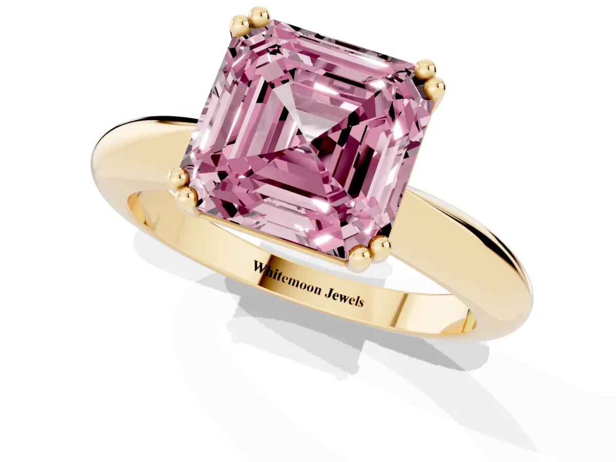 Fancy Pink Asscher Cut Cut Solitaire Engagement Ring with Tapered Band and Four-Prong Setting Yellow gold