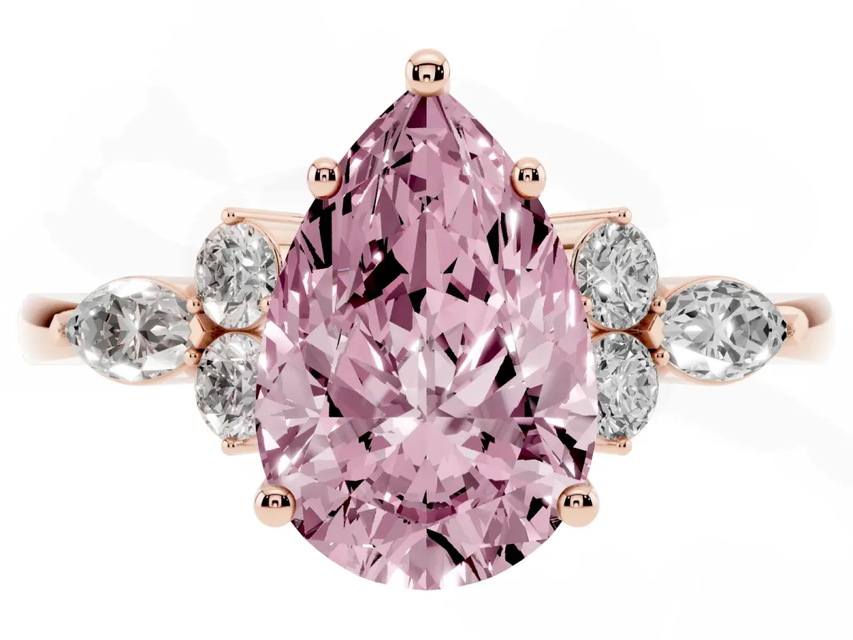 Fancy Pink Pear Cut Brilliant Diamond Solitaire Ring with Pear Side Stones and Four-Prong Setting Rose gold