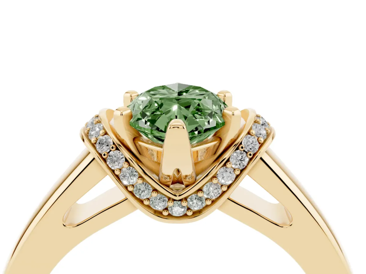 Fancy Green Marquise Cut Solitaire Diamond Ring with Pave Band and Six-Prong Setting Yellow gold