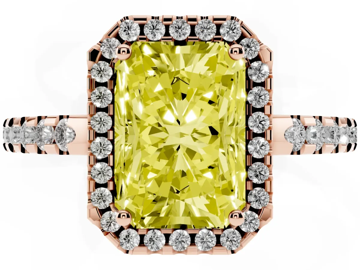 Fancy Yellow Radiant Cut Diamond Halo Engagement Ring with Pavé Band and Prong Setting Rose gold