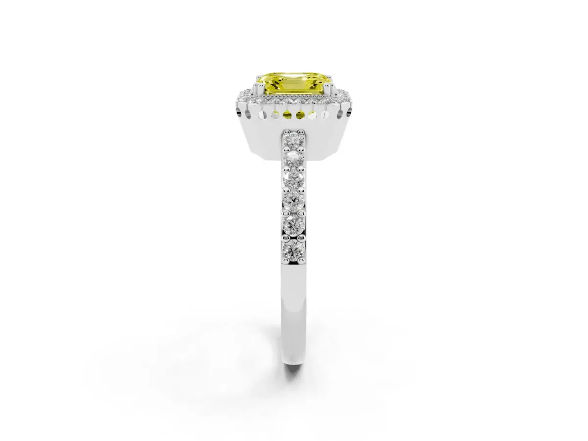 Fancy Yellow Asscher Cut Cut Diamond Halo Engagement Ring with Milgrain Detail and Pavé Band Platinum