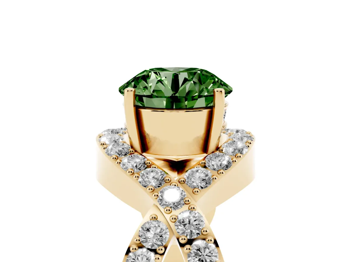 Fancy Green Round Cut Solitaire Twist Band Pavé Diamond Engagement Ring Yellow gold