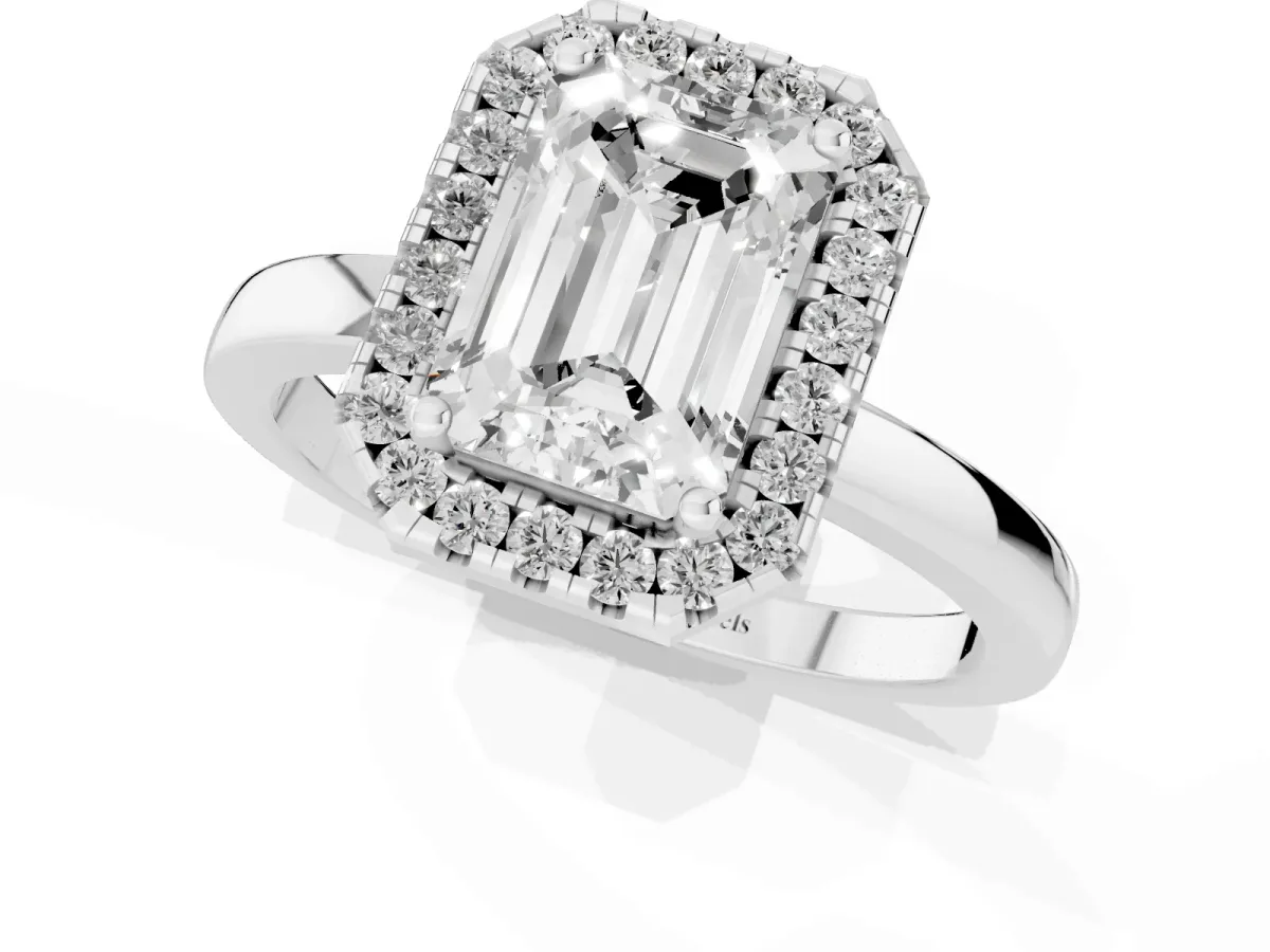 Emerald Cut Halo Diamond Solitaire with Pavé Band and Four-Prong Setting White gold