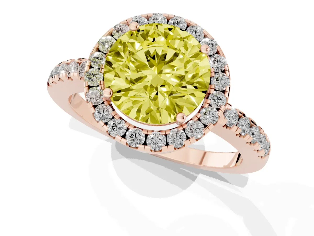 Fancy Yellow Round Cut Halo Diamond Engagement Ring with Pavé Band and Four-Prong Setting Rose gold