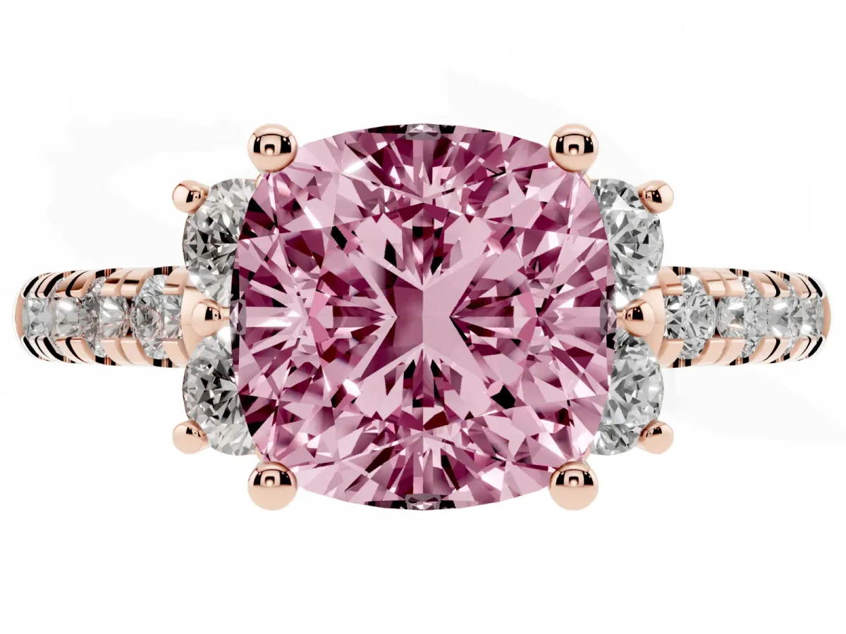 Fancy Pink Cushion Cut Diamond Three-Stone Pave Band with Four-Prong Setting Rose gold