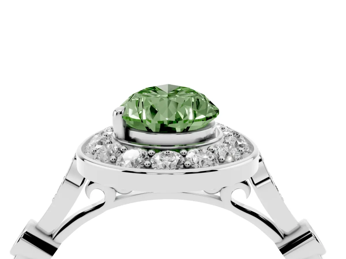 Fancy Green Pear Cut Halo Diamond Engagement Ring with Twisted Band and Four-Prong Setting Platinum