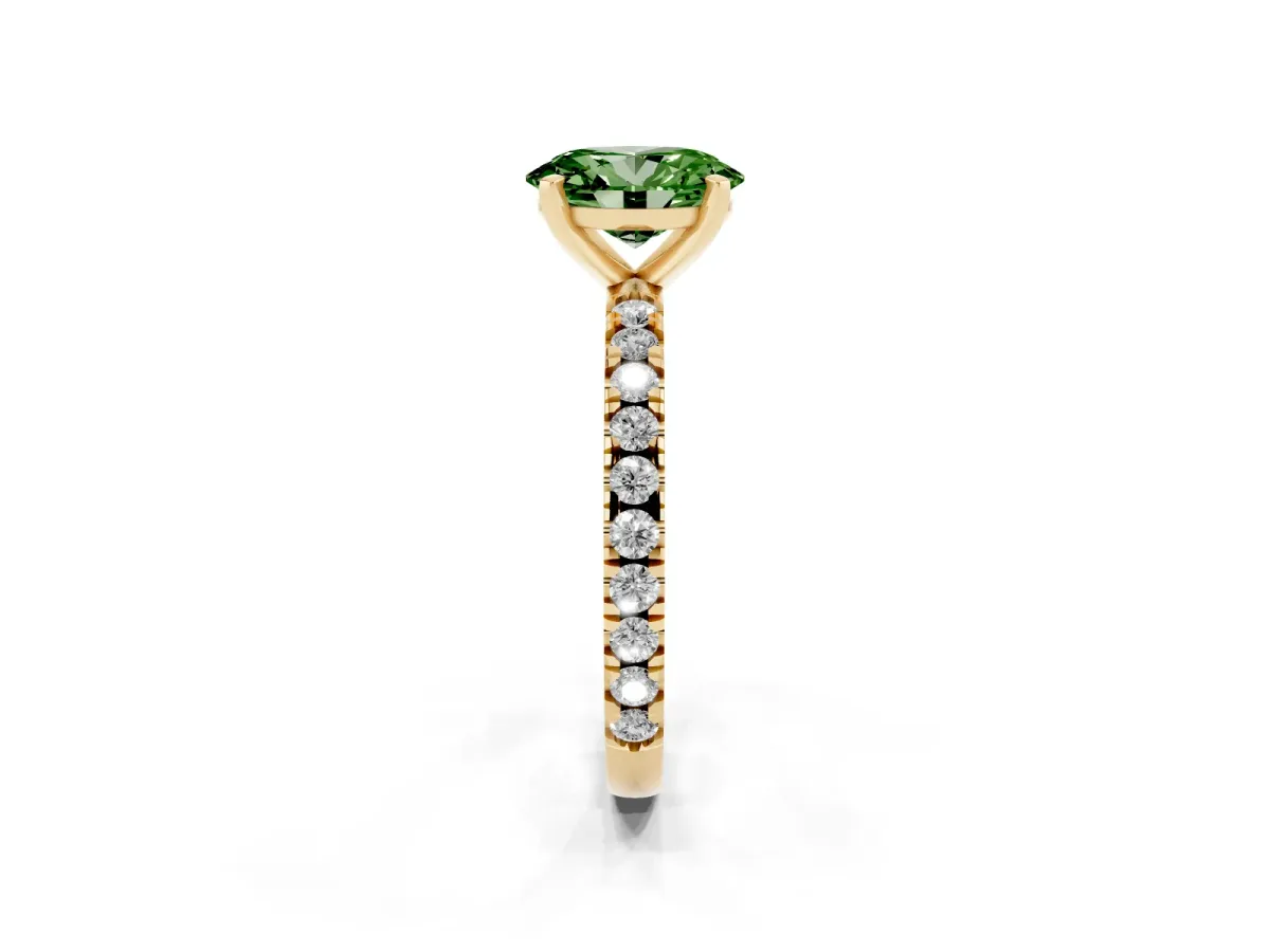 Fancy Green Oval Cut Diamond Pavé Band Solitaire with Four-Prong Setting Yellow gold