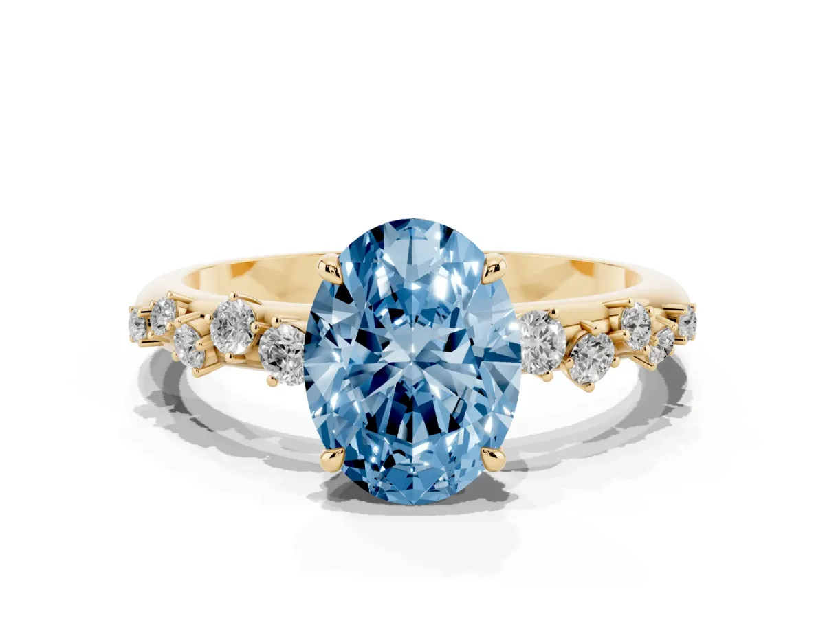 Fancy Blue Oval Cut Diamond Cluster Prong-Set Solitaire Ring Yellow gold