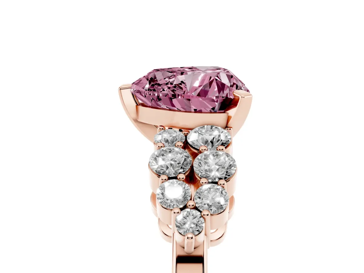 Fancy Pink Heart Cut Cluster Diamond Engagement Ring with Pavé Band and Four-Prong Setting Rose gold