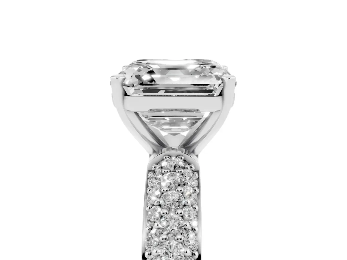 Asscher Cut Diamond Solitaire Ring with Prong Setting and Pavé Band Silver