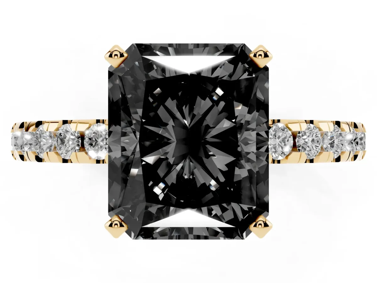 Fancy Black Radiant Cut Diamond Solitaire Ring with Round Pavé Band and Four-Prong Setting Yellow gold