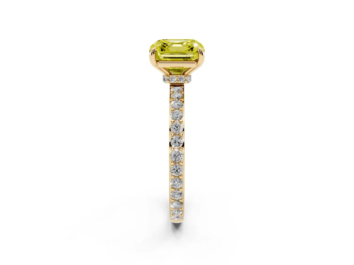 Fancy Yellow Asscher Cut Diamond Pavé Engagement Ring with Round Accents and Prong Setting Yellow gold