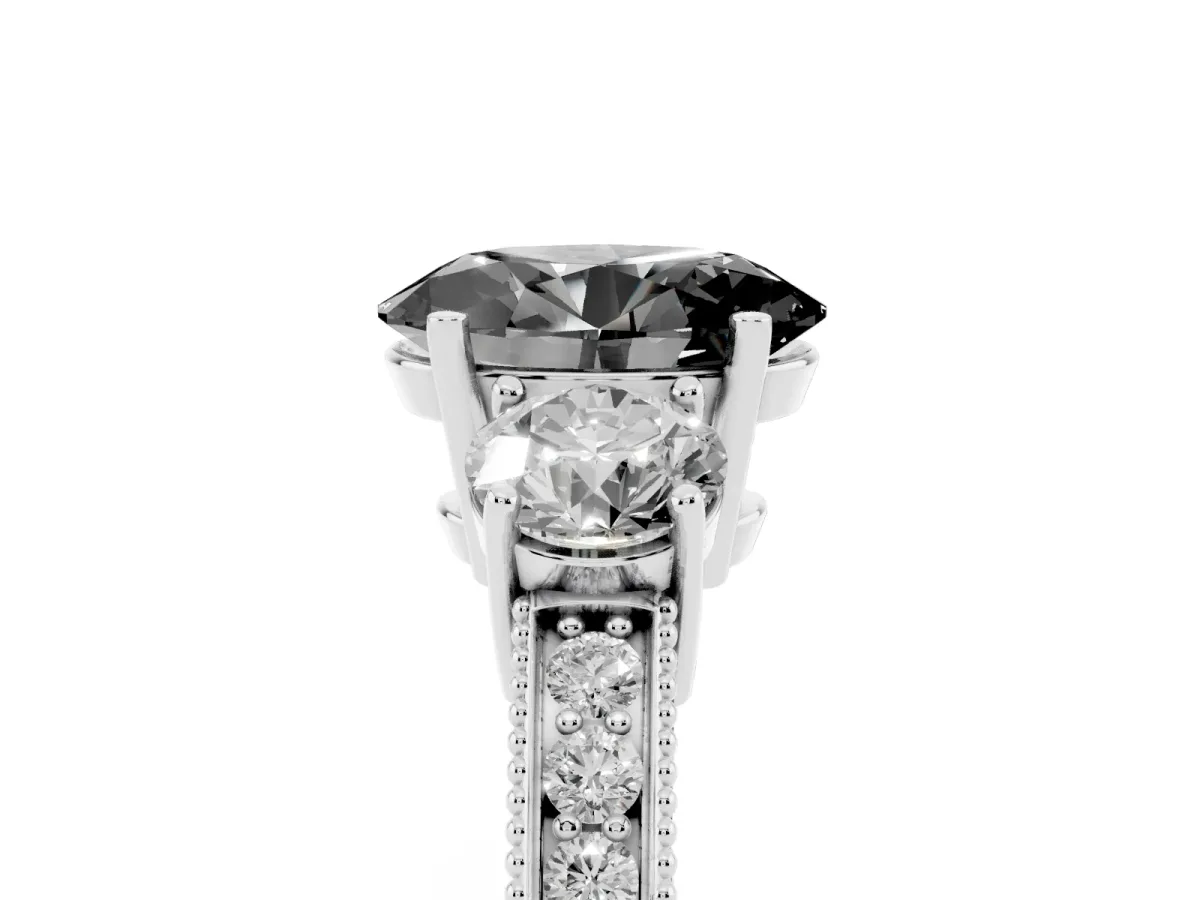 Fancy Black Oval Cut Three-Stone Diamond Ring with Pavé Band and Four-Prong Setting Platinum