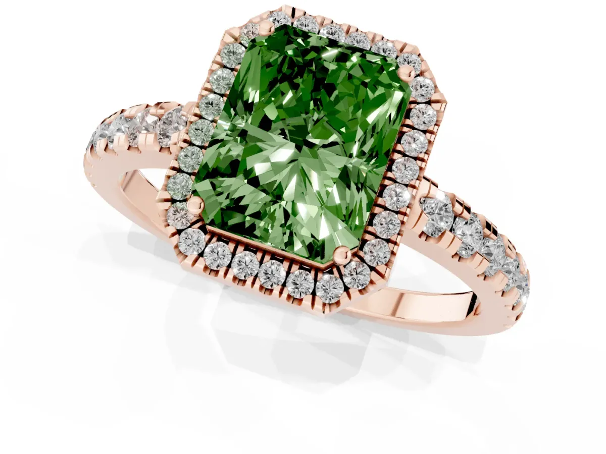 Fancy Green Radiant Cut Diamond Halo Ring with Pavé Band and Four-Prong Setting Rose gold