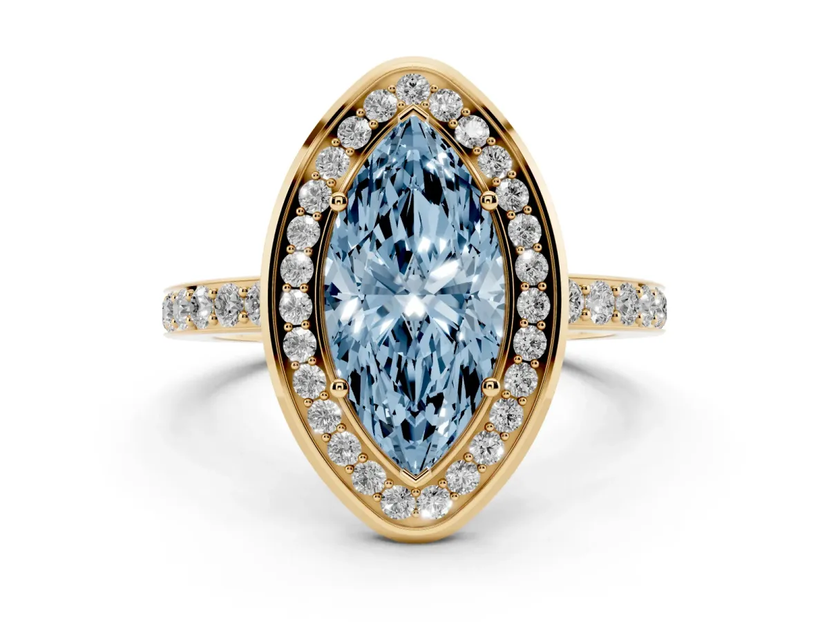 Fancy Blue Marquise Cut Diamond Halo Ring with Bezel Frame and Pavé Band Yellow gold
