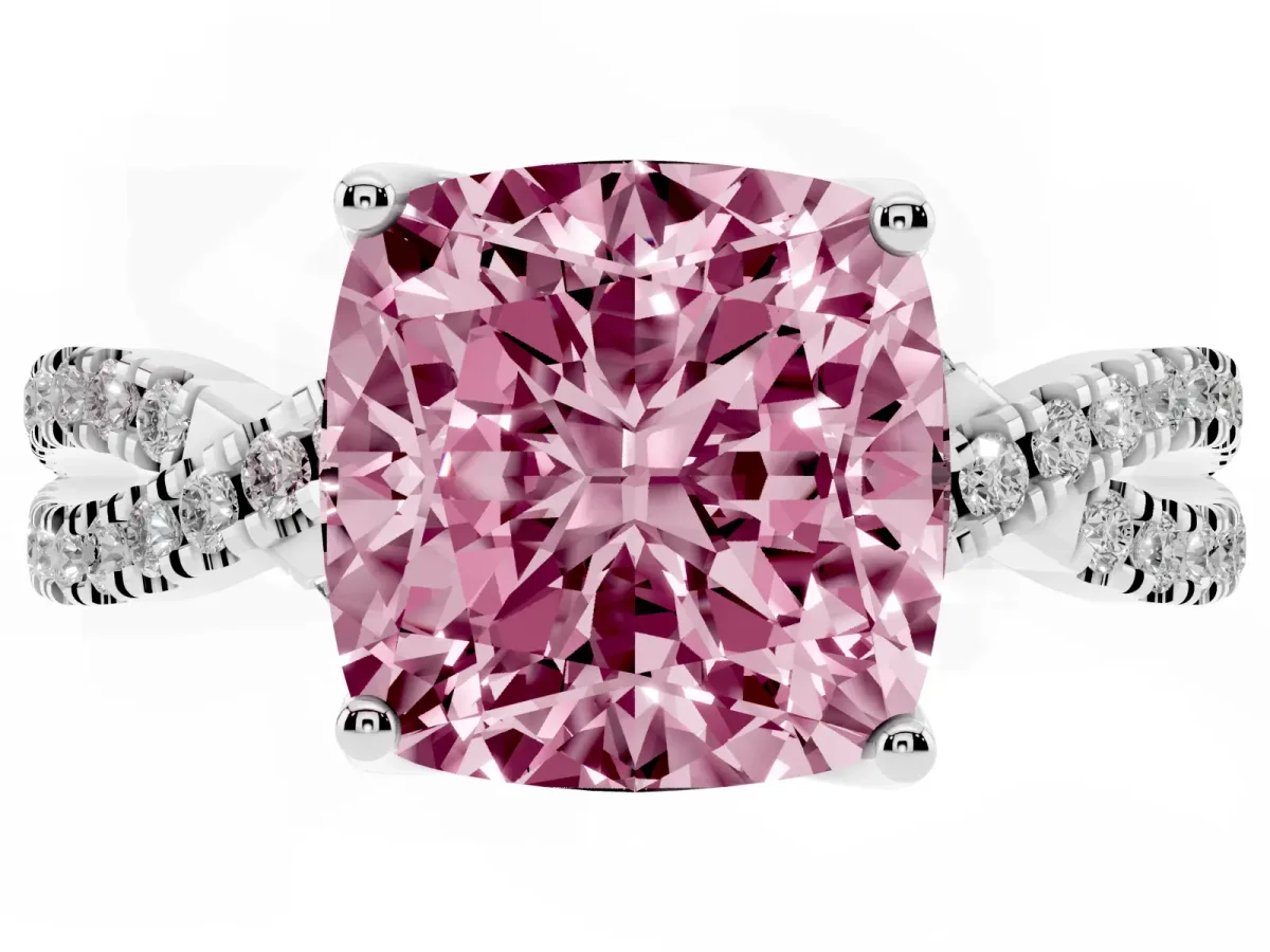 Fancy Pink Cushion Cut Solitaire Twist Pave Diamond Engagement Ring with Prong Setting Silver