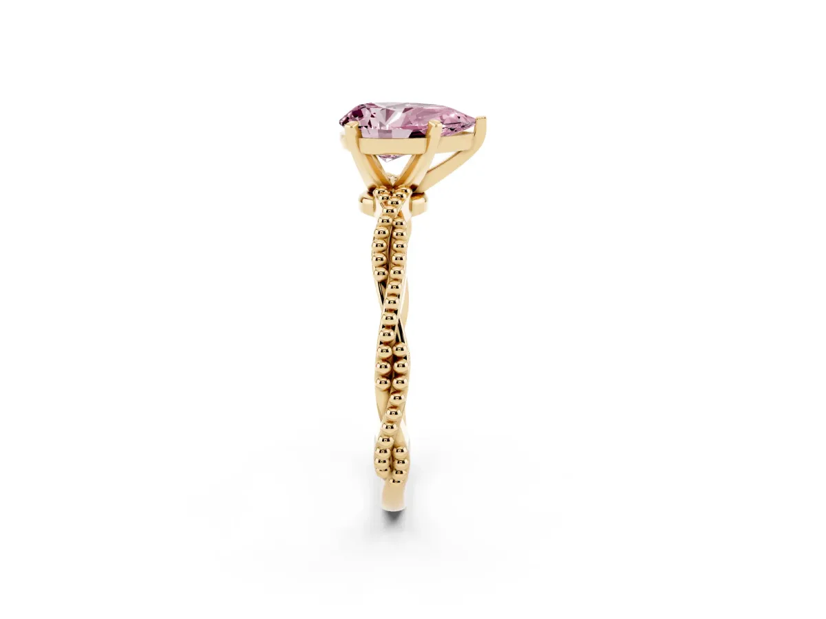 Fancy Pink Pear Cut Solitaire Twisted Band with Bead Prong Setting Yellow gold