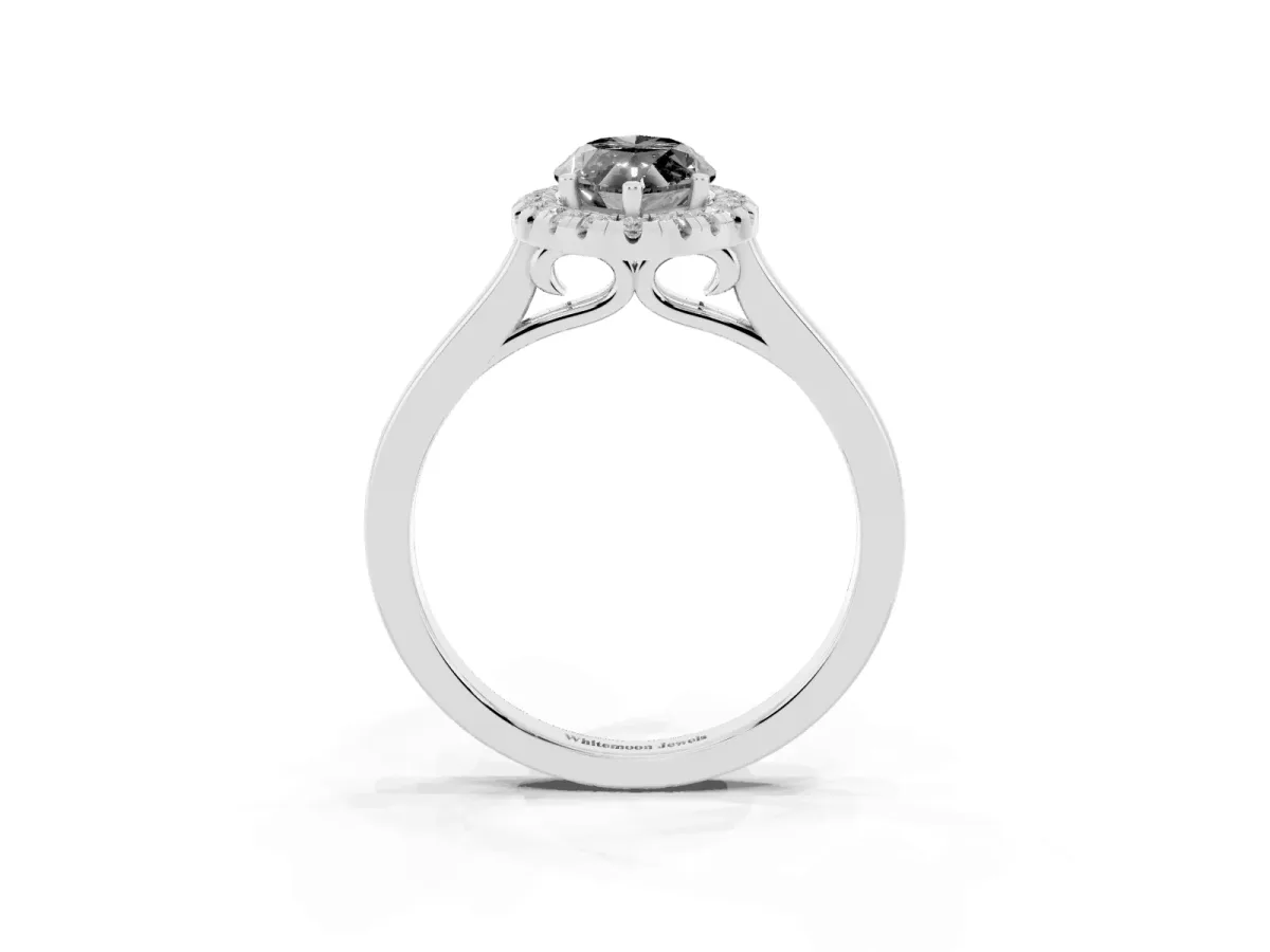 Fancy Black Marquise Cut Halo Round Diamond Solitaire Ring with Pavé Band and Four-Prong Setting Silver