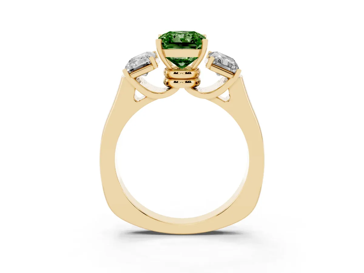 Fancy Green Three-Stone Radiant Cut Brilliant Diamond Trellis Ring with Comfort Fit Band Yellow gold