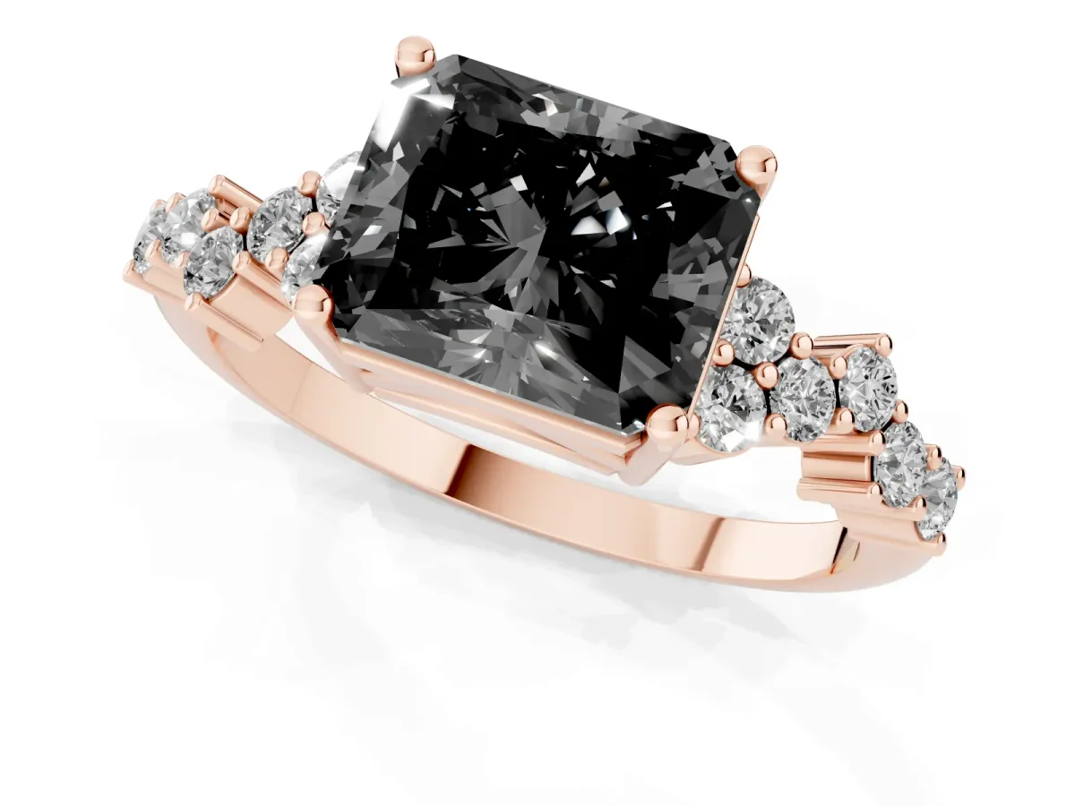 Fancy Black Radiant Cut Diamond Scattered Round Accent Ring with Prong Setting Rose gold