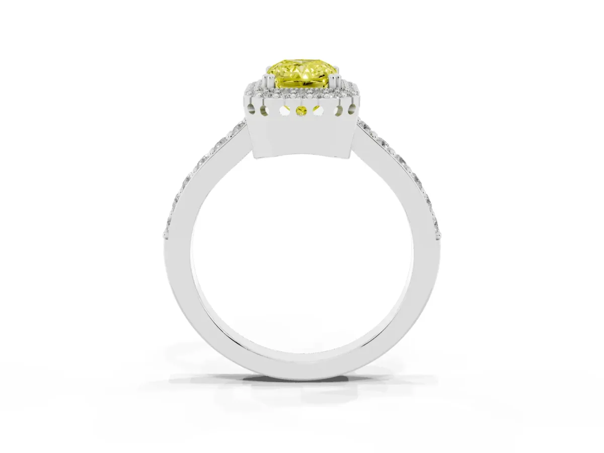 Fancy Yellow Radiant Cut Cut Diamond Halo Engagement Ring with Milgrain Detail and Pavé Band Silver