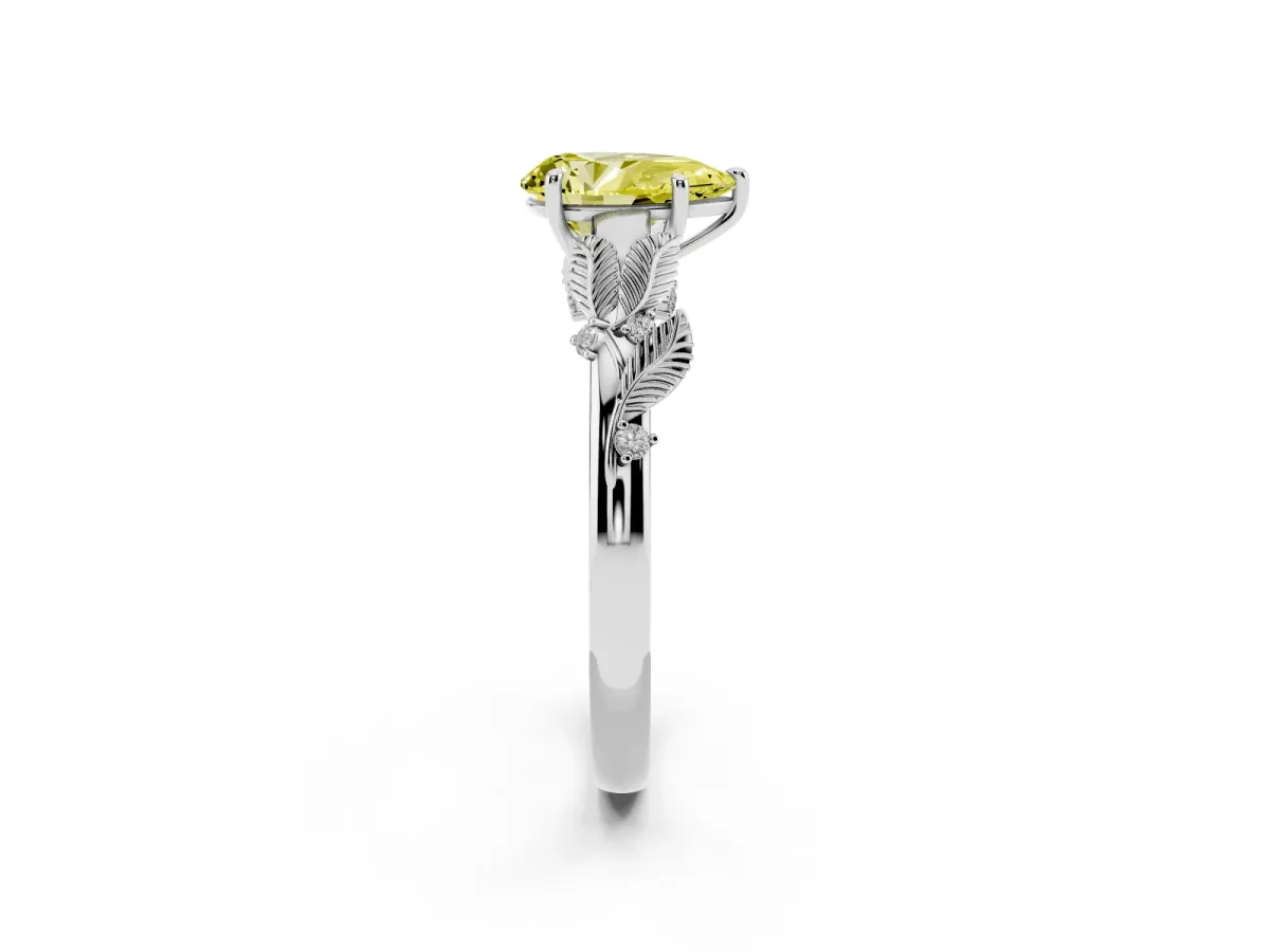 Fancy Yellow Pear Cut Diamond Solitaire Ring with Leaf Motif Band and Four-Prong Setting Silver