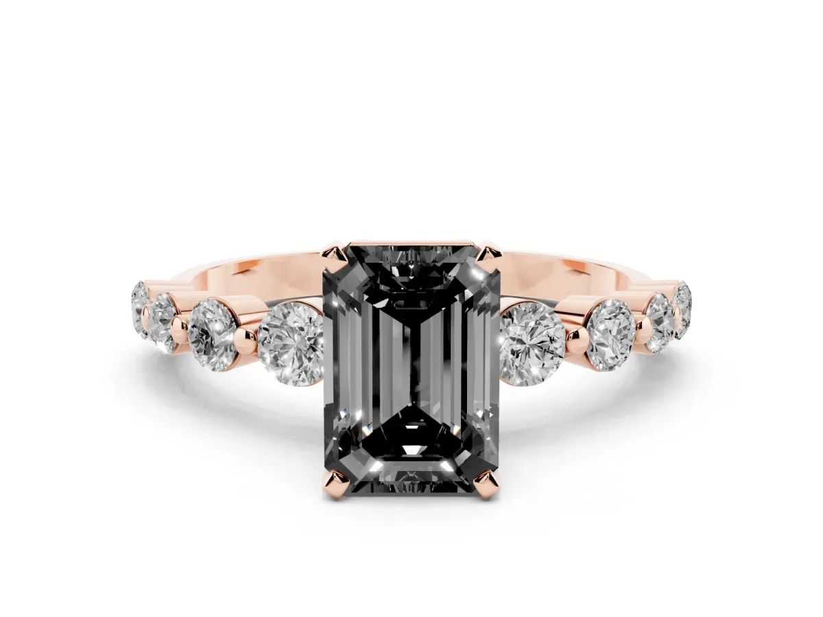 Fancy Black Emerald Cut Solitaire Diamond Ring with Pave Band and Four-Prong Setting Rose gold