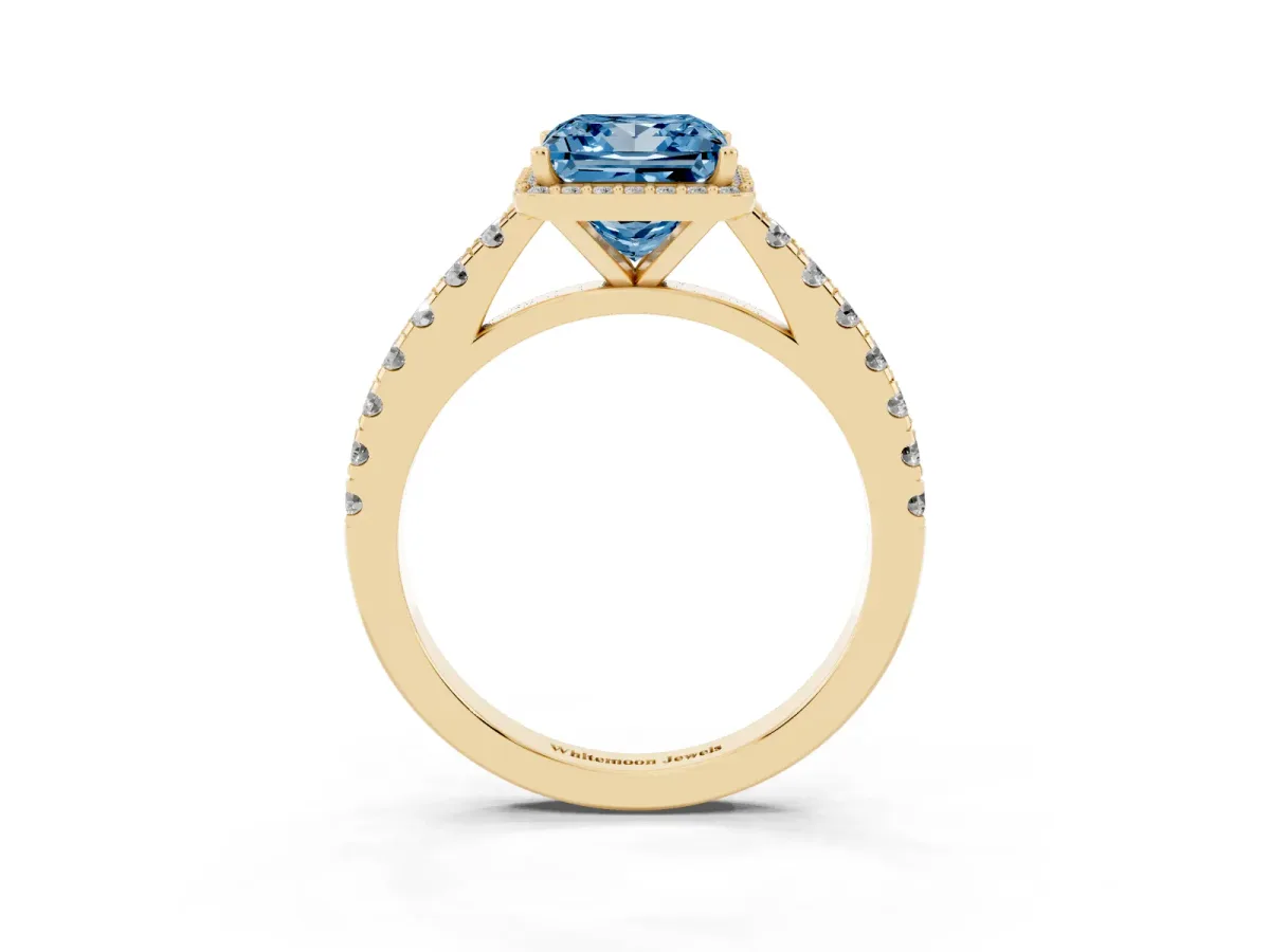 Fancy Blue Princess Cut Cut Halo Diamond Engagement Ring with Pave Band and Four-Prong Setting Yellow gold