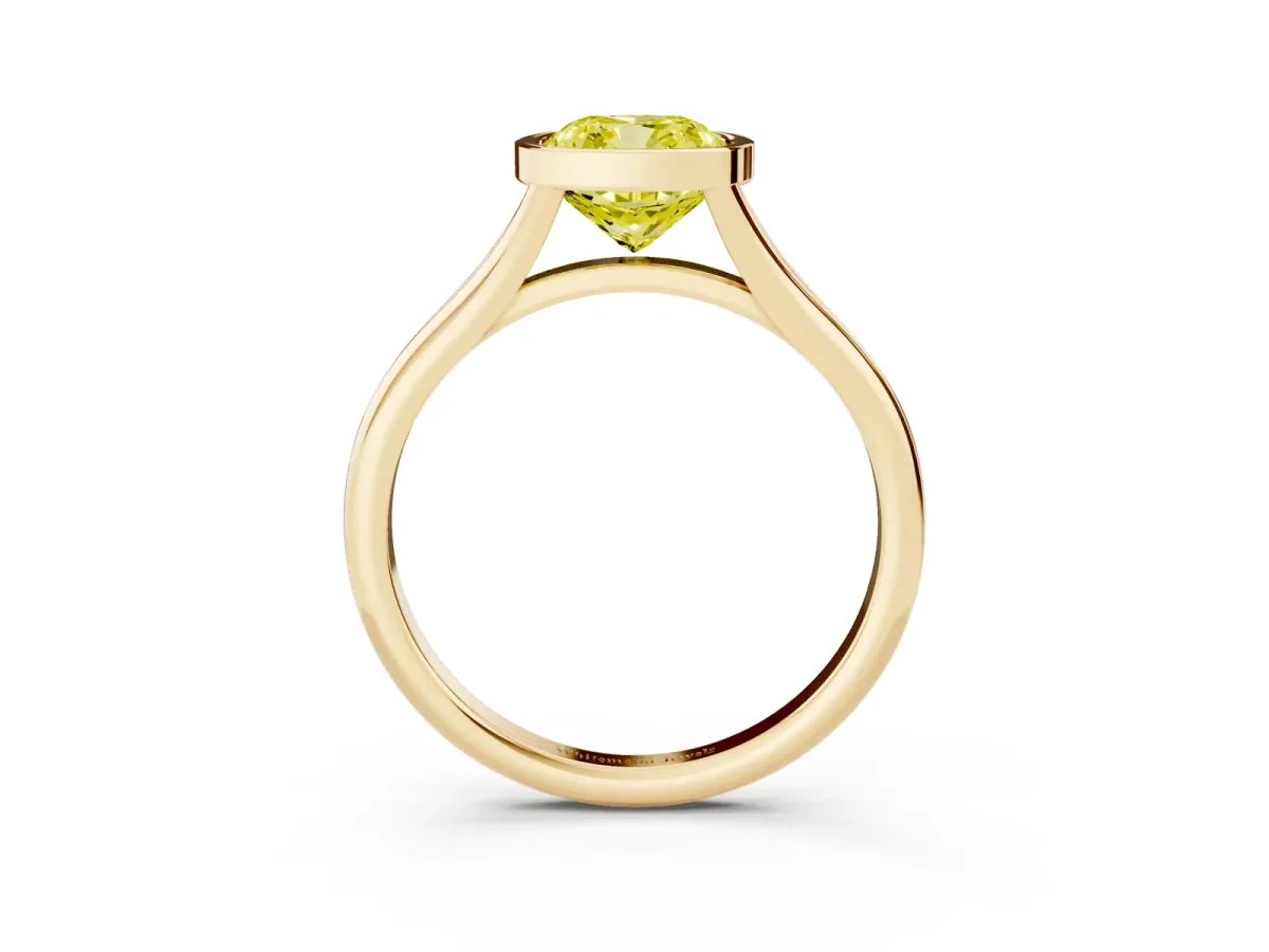 Fancy Yellow Bezel Set Cushion Cut Cut Solitaire Ring with Tapered Band Yellow gold