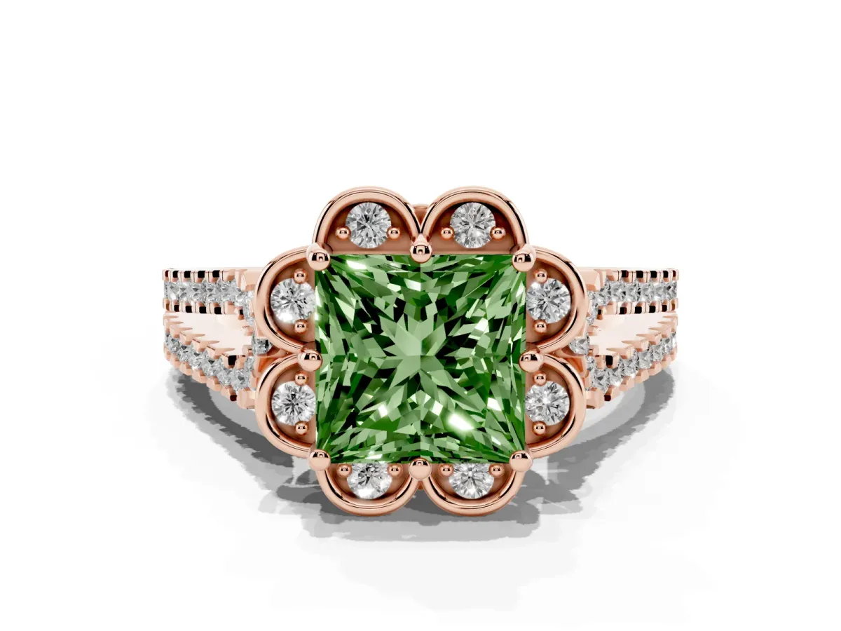 Fancy Green Princess Cut Halo Diamond Floral Split Shank Engagement Ring Rose gold