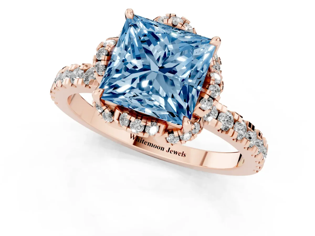 Fancy Blue Princess Cut Diamond Halo Pave Band with Four-Prong Setting Rose gold