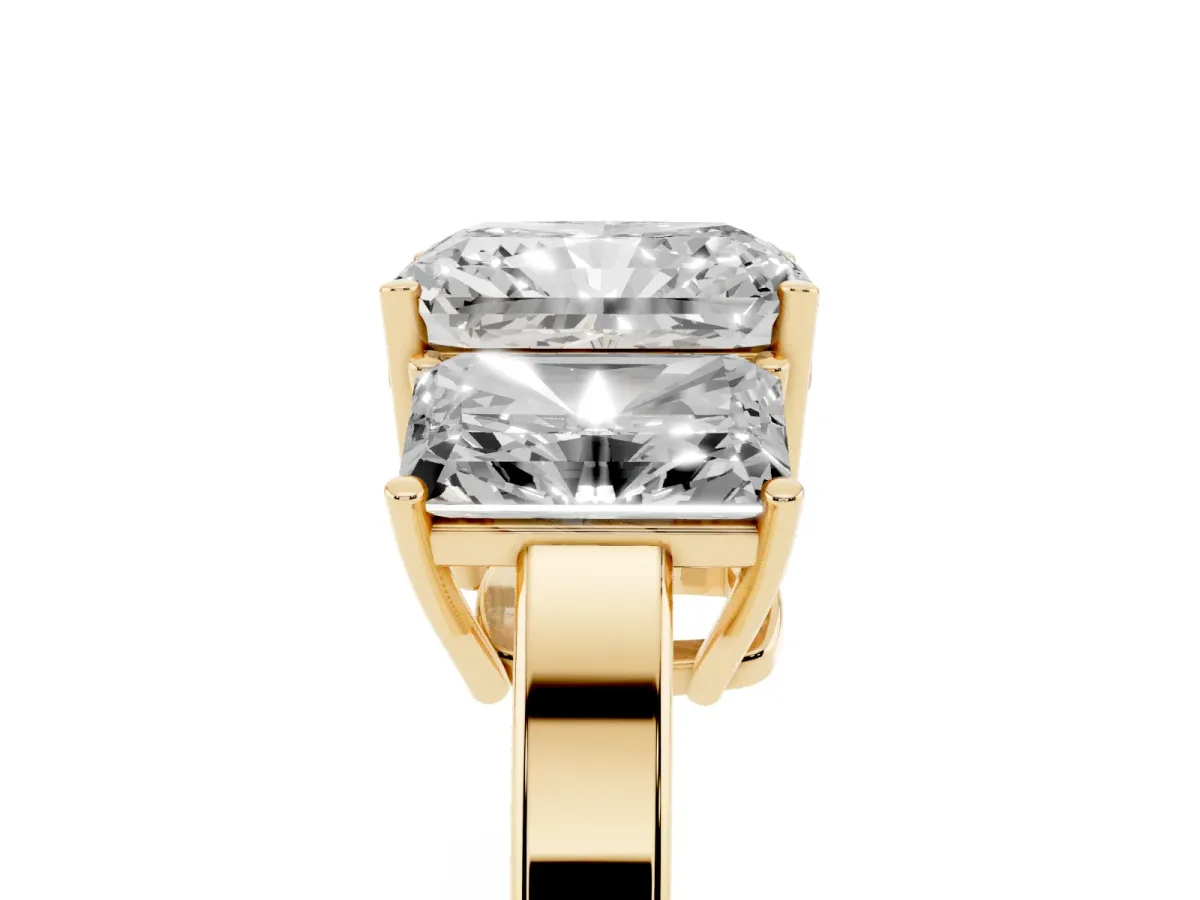 Three-Stone Radiant Cut Cut Diamond Engagement Ring with Flat Band and Four-Prong Setting Yellow gold
