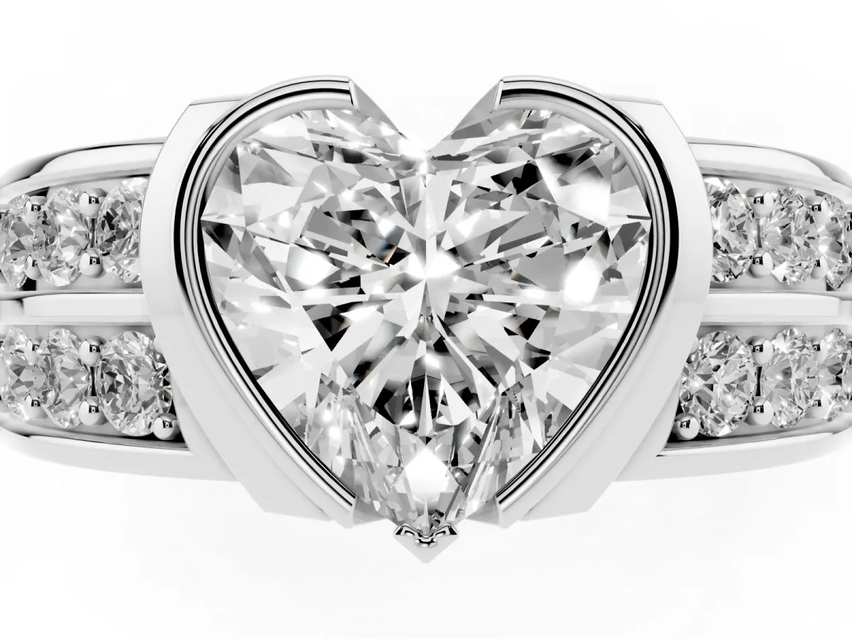 Heart Cut Brilliant Diamond Channel Set Wide Band Ring with Bezel Setting White gold