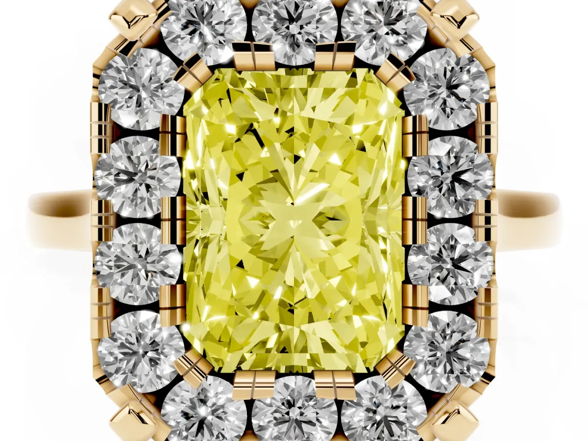 Fancy Yellow Radiant Cut Diamond Cluster Halo Solitaire with Four-Prong Setting Yellow gold