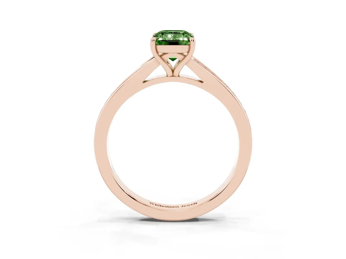 Fancy Green Emerald Cut Diamond Solitaire Ring with Pavé Band and Prong Setting Rose gold