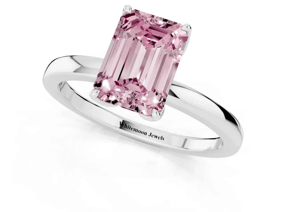Fancy Pink Emerald Cut Diamond Solitaire Ring with Thin Band and Prong Setting White gold