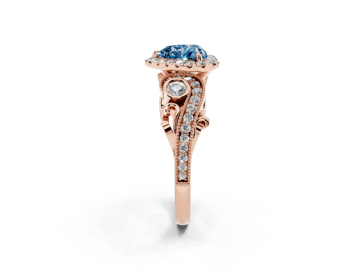 Fancy Blue Heart Cut Halo Diamond Ring with Milgrain and Bezel Accents on a Split Shank Band Rose gold