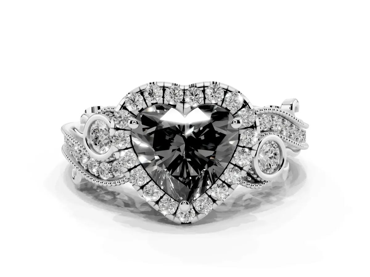 Fancy Black Heart Cut Halo Diamond Ring with Milgrain and Bezel Accents on a Split Shank Band White gold