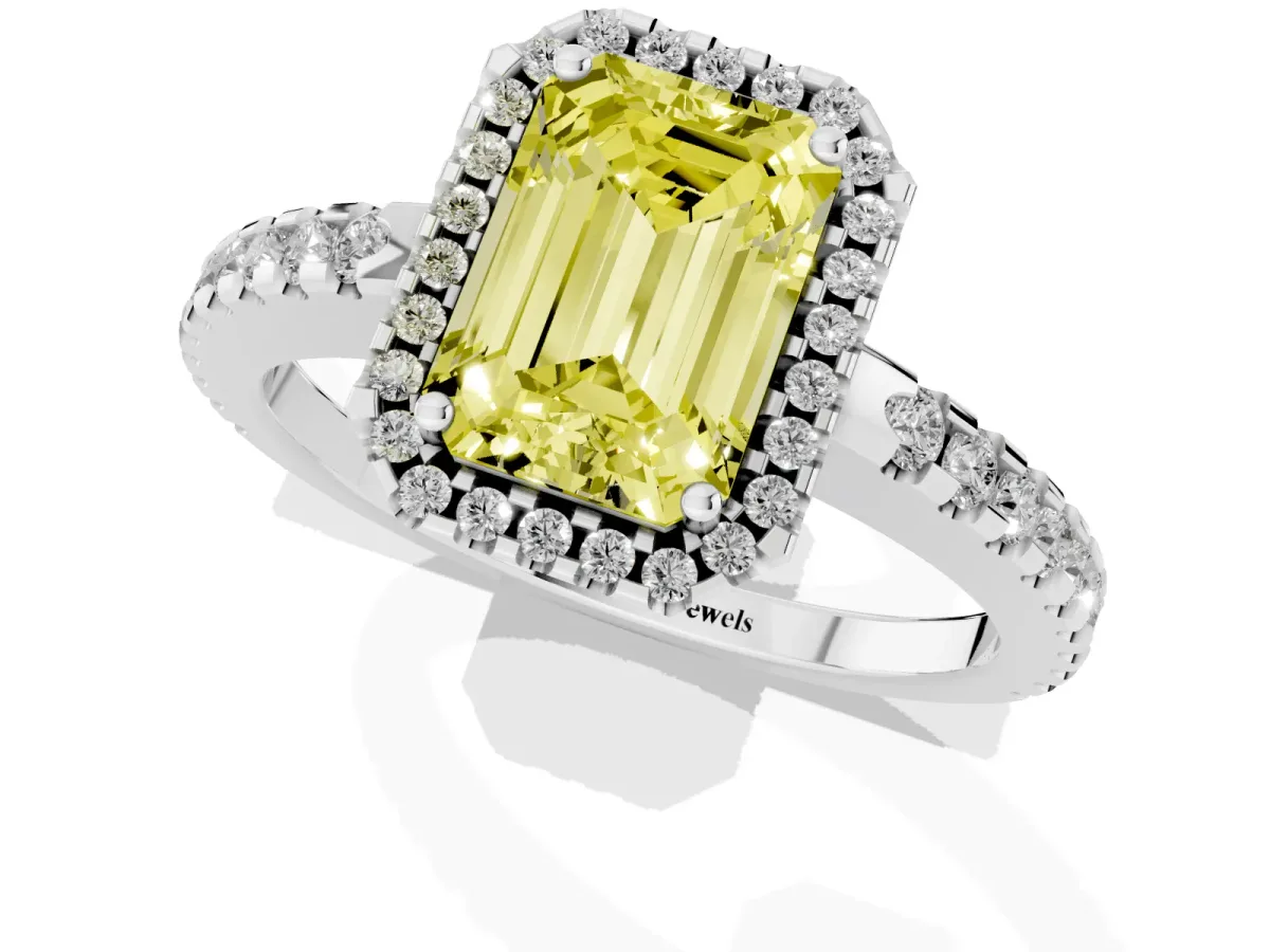 Fancy Yellow Emerald Cut Diamond Halo Engagement Ring with Pavé Band and Prong Setting Platinum