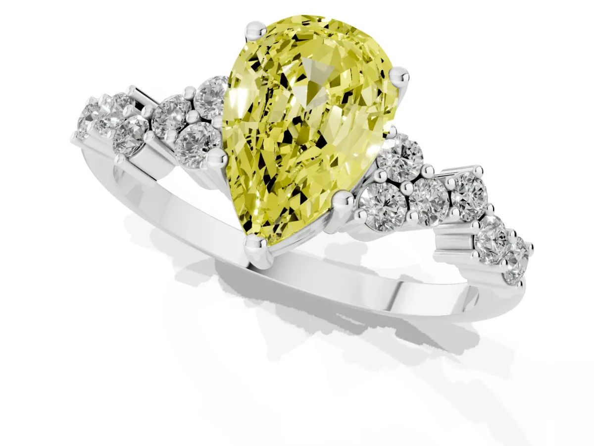 Fancy Yellow Pear Cut Diamond Scattered Round Accent Ring with Prong Setting White gold