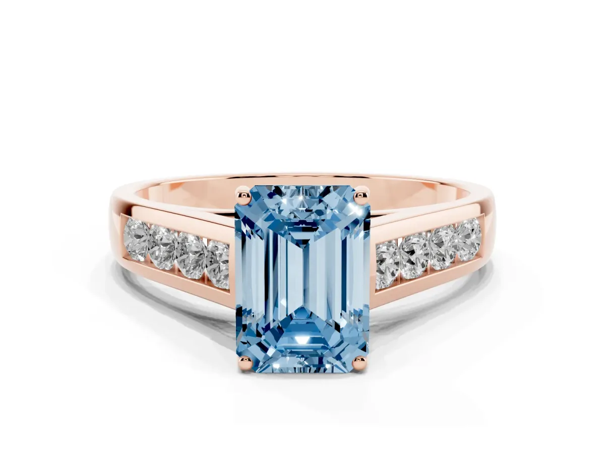 Fancy Blue Emerald Cut Brilliant Channel-Set Solitaire Ring with Four-Prong Setting Rose gold