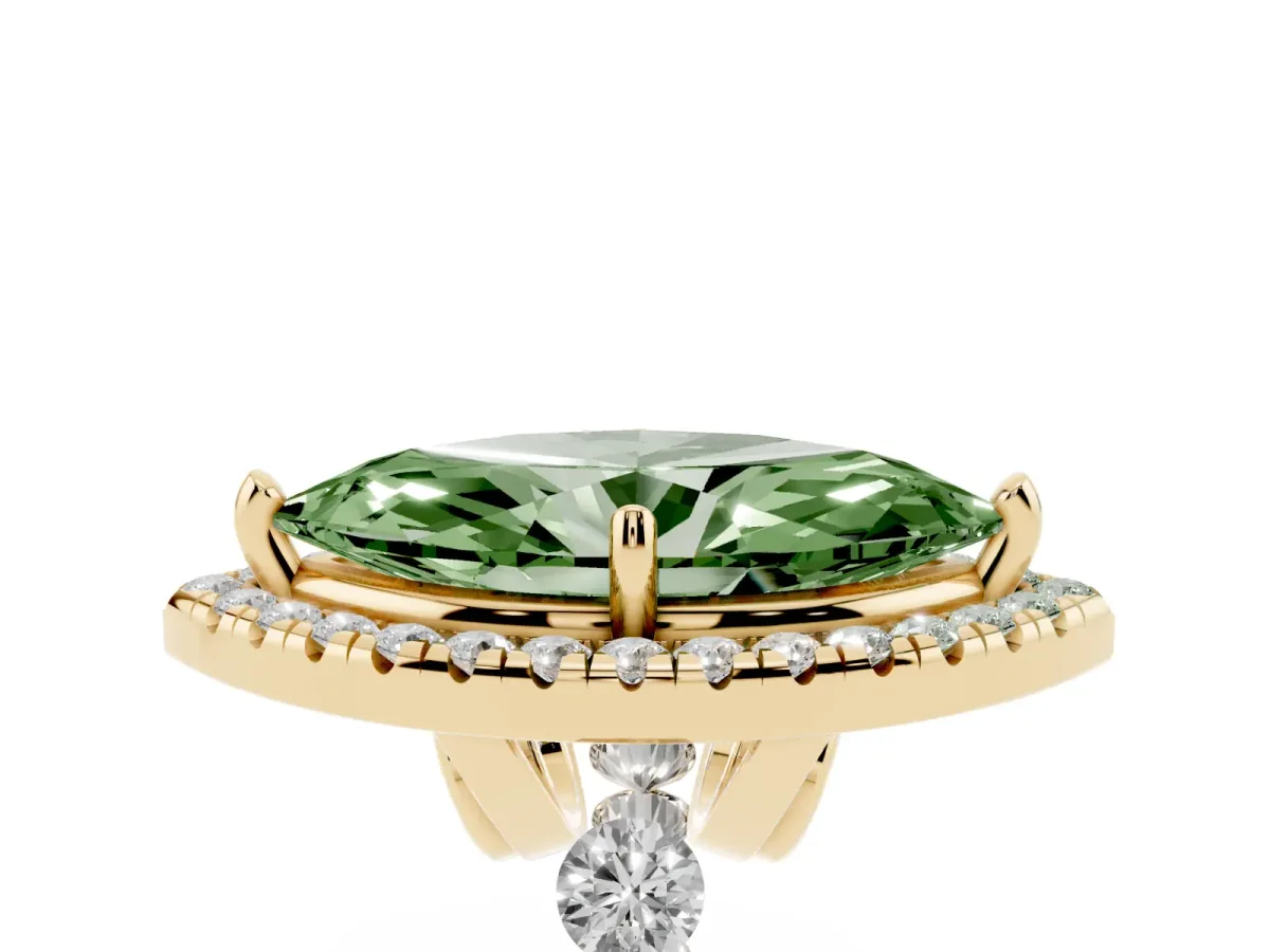 Fancy Green Marquise Cut Halo Pavé Diamond Engagement Ring with Four-Prong Setting Yellow gold