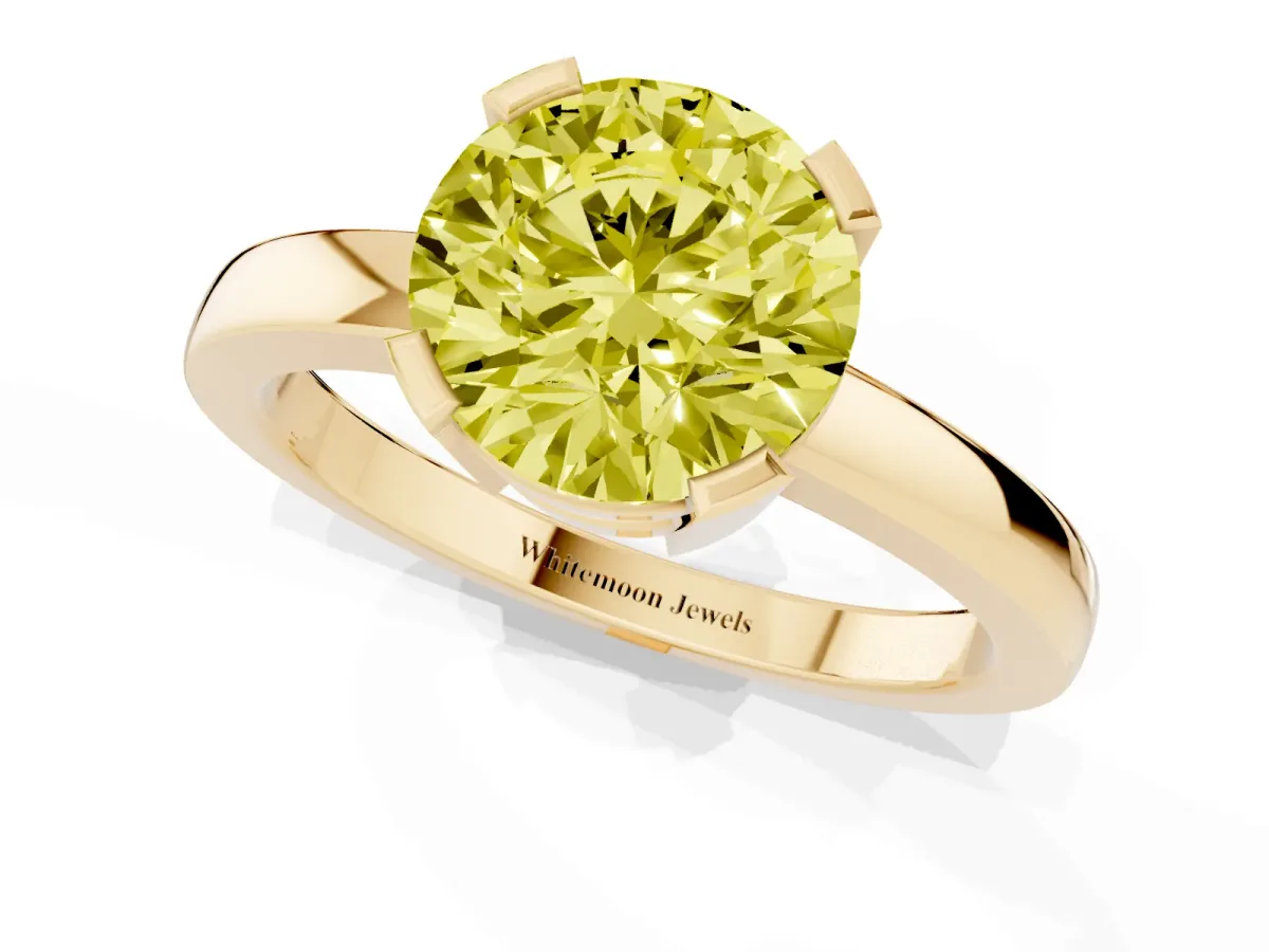 Fancy Yellow Round Cut Cut Solitaire Ring with Four-Prong Setting and Classic Band Yellow gold