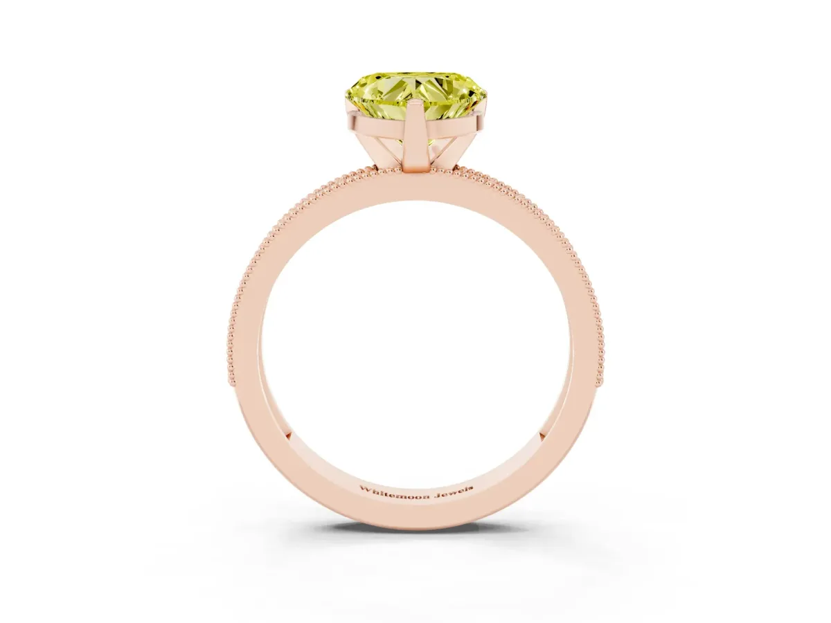 Fancy Yellow Heart Cut Diamond Milgrain Pavé Engagement Ring with Four-Prong Setting Rose gold