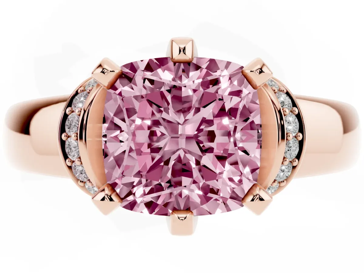 Fancy Pink Cushion Cut Solitaire Diamond Ring with Pave Band and Six-Prong Setting Rose gold