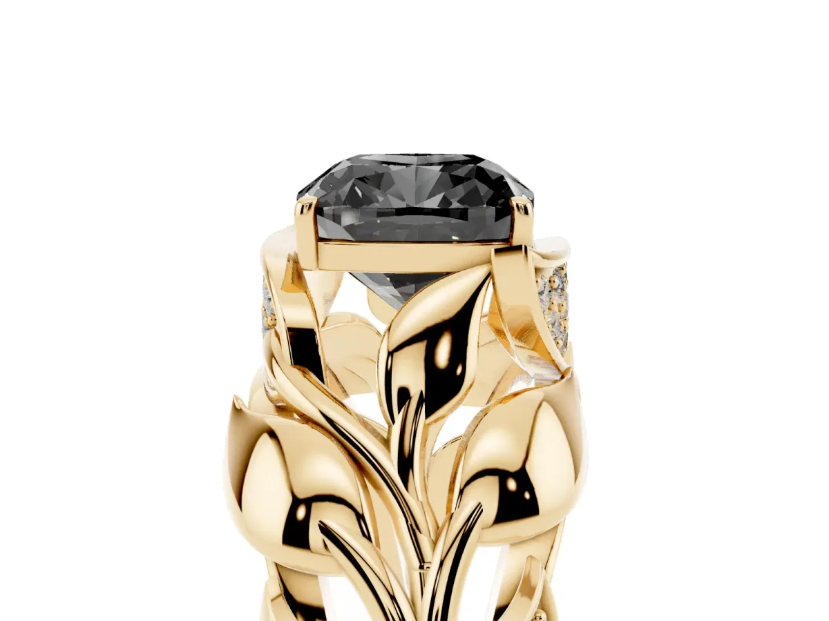 Fancy Black Cushion Cut Diamond Leaf-Inspired Engagement Ring with Round Accents and Prong Setting Yellow gold